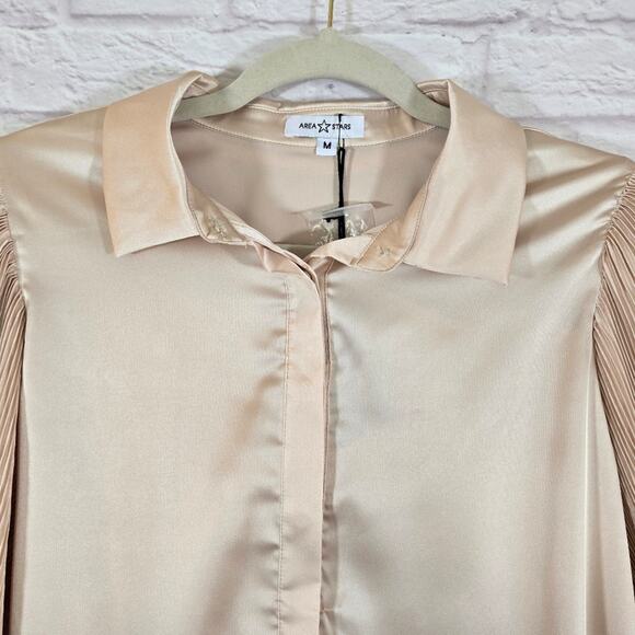 W Area Stars Pia Pleated Charmeuse Blouse NWT Size M Gold Satin Plisse Sleeves - Picture 2 of 10